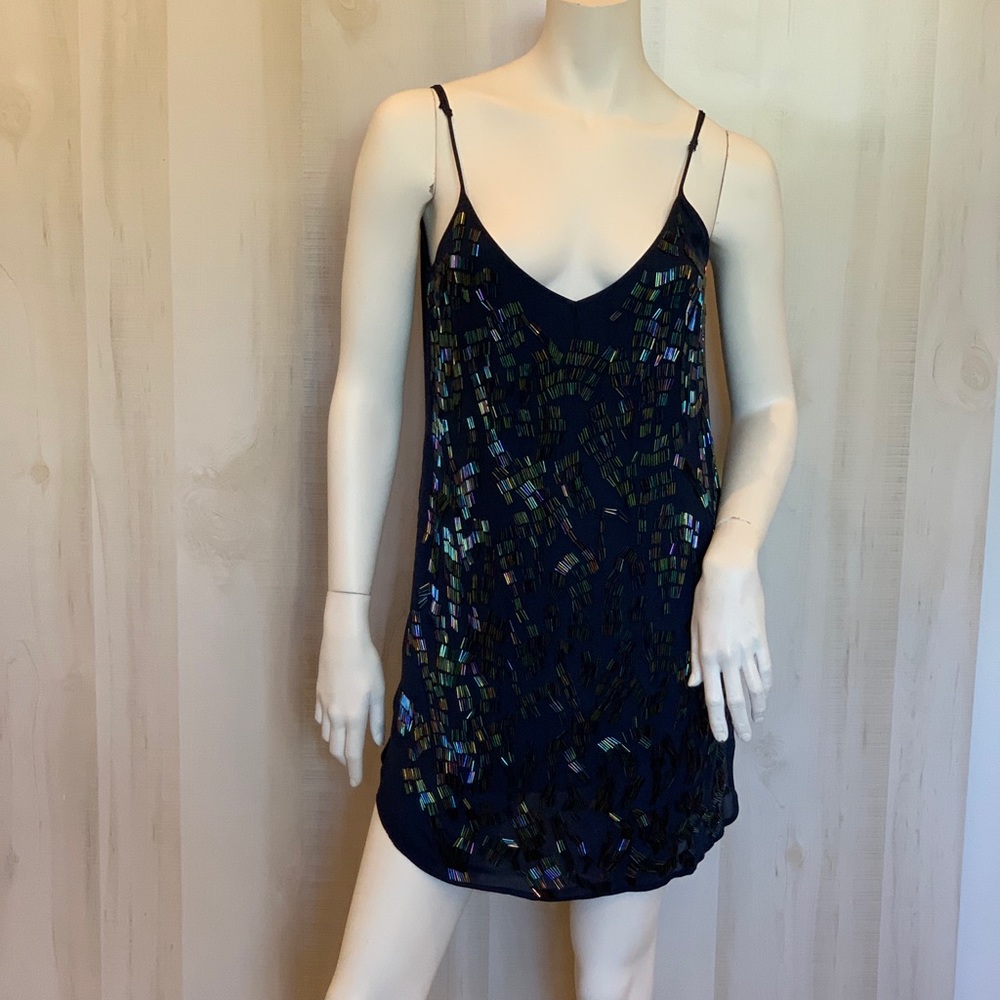 Navy Blue Madison Marcus beaded silk mini dress M